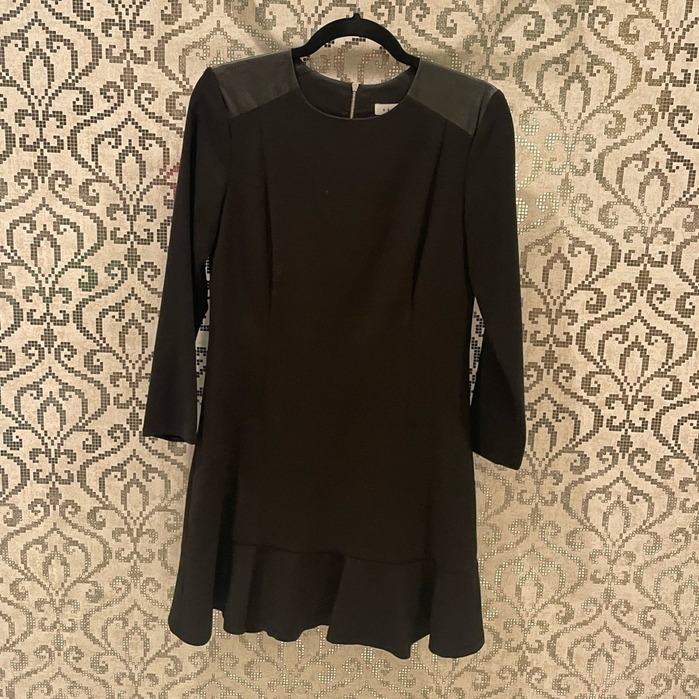 Sandro long sleeve, leather shoulder pads mini dress